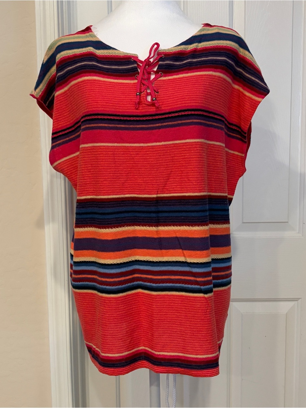 Chaps Denim Plus 1X Multi-Stripe Lace-Up Short Sleeve  NWT MSRP $66